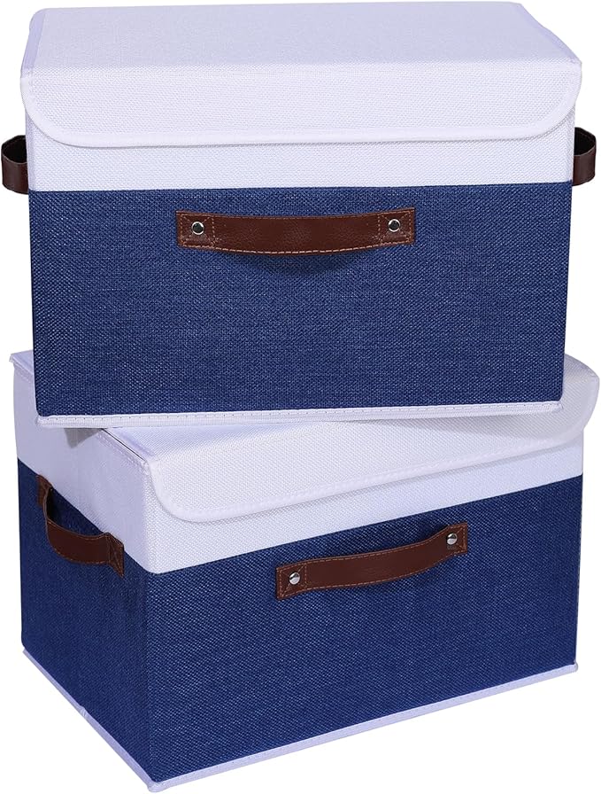 ANMINY 4PCS Storage Boxes with Lid Washable Decorative Storage Bin Basket with PU Leather Handle Foldable Linen Fabric Storage Cube Container for Home Closet Organizer - Deep Blue White, Large Size-Ruum Studio Home