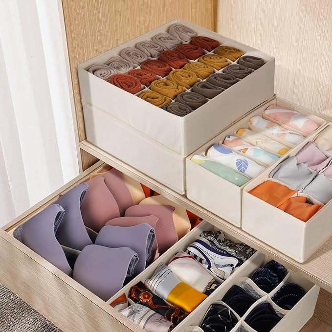 6 Pack Sock Underwear Drawer Organizer Dividers, 58 Cell Foldable Fabric Dresser Closet Organizers and Storage Bins for Clothing, Baby Clothes, Bra, Panty, Scarf, Ties (Beige)-Ruum Studio Home