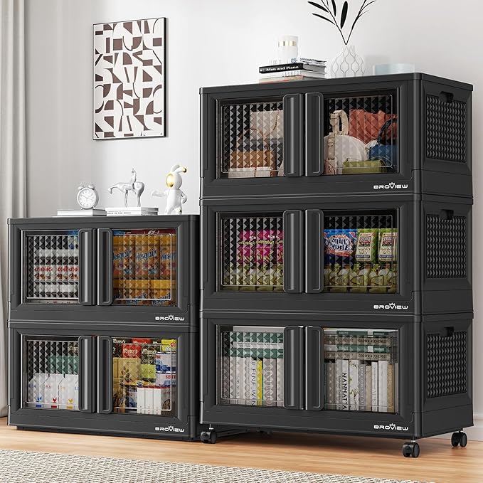 500Qt Stackable Storage Bins with Lids, 125Gal Closet Organizers and Storage Drawer, Plastic Collapsible Storage Bins with Doors, Heavy Duty Store Box Cabinet for Home Kitchen, 5Pack Black-Ruum Studio Home