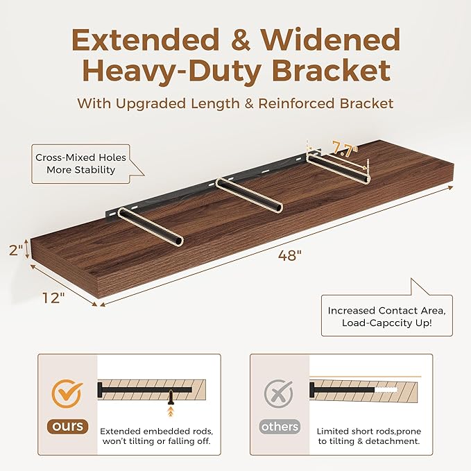 Floating Shelves 48 Inch Long, 12 Inch Deep Floating Shelves for Wall, 48 x 12 Large Wall Shelves for Home Storage & Display, 2" Thicked Floating Shelf for Bedroom, Living Room, Walnut Color, 1 Pack-Ruum Studio Home