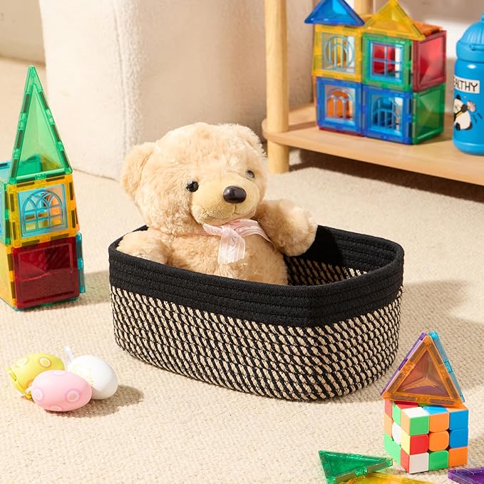 Small Storage Baskets for Organizing | Closet Organizer Bins | Shelf Toy Basket | Woven Rope Baskets | Cube Decorative Box | Shallow Basket | 11.5x7.5x4.7” | 3 Packs Black Brown-Ruum Studio Home
