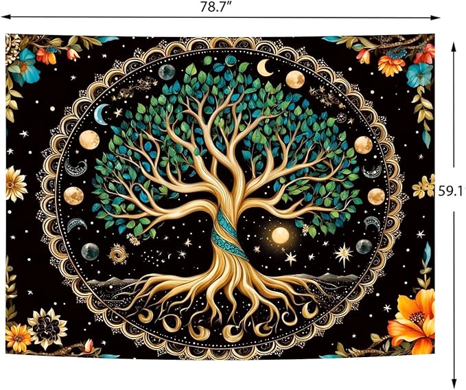 Delur Tree of Life Tapestry Moon Phase Nature Flower Plant Tapestry Wall Hanging Boho Mandala Spiritual Sun Aesthetic Psychedelic Headboard for Bedroom Living Room Home Decor (59.1" x 78.7")-Ruum Studio Home