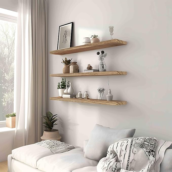 Wood Floating Shelves for Wall, Rustic Wall Shelves for Bedroom, Wall Mounted Floating Shelf, Set of 4 Light Walnut 36 Inch-Ruum Studio Home