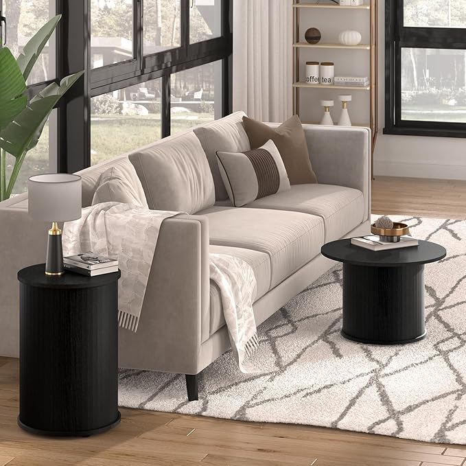 Set of 2 Round Nesting Coffee Tables for Living Room, Fluted Circle Black Wood Coffee and End Table Sets for Apartment, Small Spaces, Bedroom, Modern Style, Easy Assembly & Maintenance-Ruum Studio Home