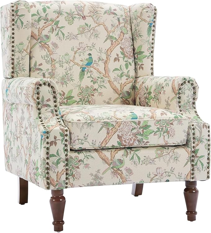 UIXE High Back Accent Chairs Set of 2, Fabric Upholstered Armchair for Living Room, Retro Printed Wingback Arm Chair Rivet Trimed Single Sofa Bedroom Reading Seat - Bird Floral-Ruum Studio Home