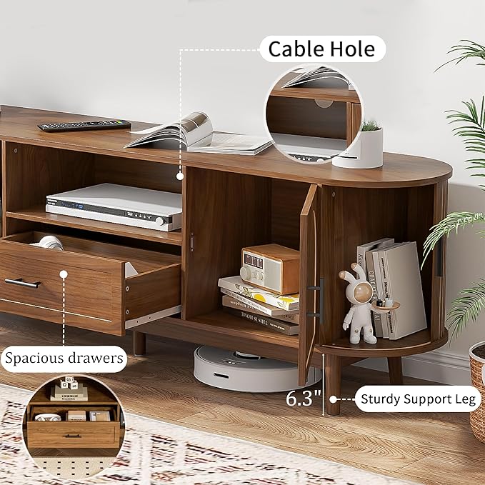70" Fluted TV Stand for Tvs up to 80", Mid-Century Modern Entertainment Center with Drawers and Fluted Doors, Curved TV Media Console Table with Sliding Doors for Living Room, Bedroom (70")-Ruum Studio Home