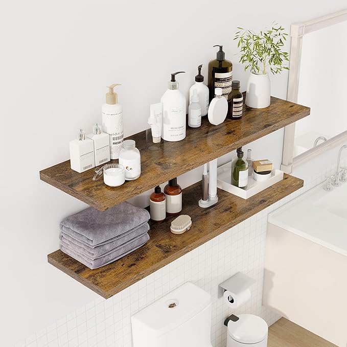 48" Floating Shelves for Wall, 12" Deep Slim Rustic Brown Floating Shelves, Wall-Mounted Shelves for Bedroom, Living Room, Kitchen, Bathroom - Set of 2-Ruum Studio Home