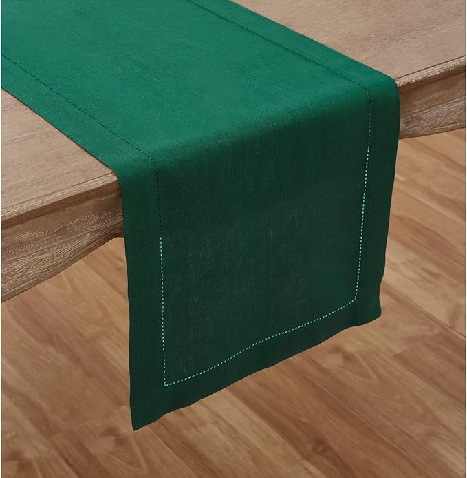 Solino Home Linen Rainforest Green Hemstitch Table Runner 48 Inches - 100% Pure Linen Small Table Runner 14 x 48 Inch Ideal for Dresser and Coffee Tables - Classic Hemstitch - Christmas, Thanksgiving-Ruum Studio Home