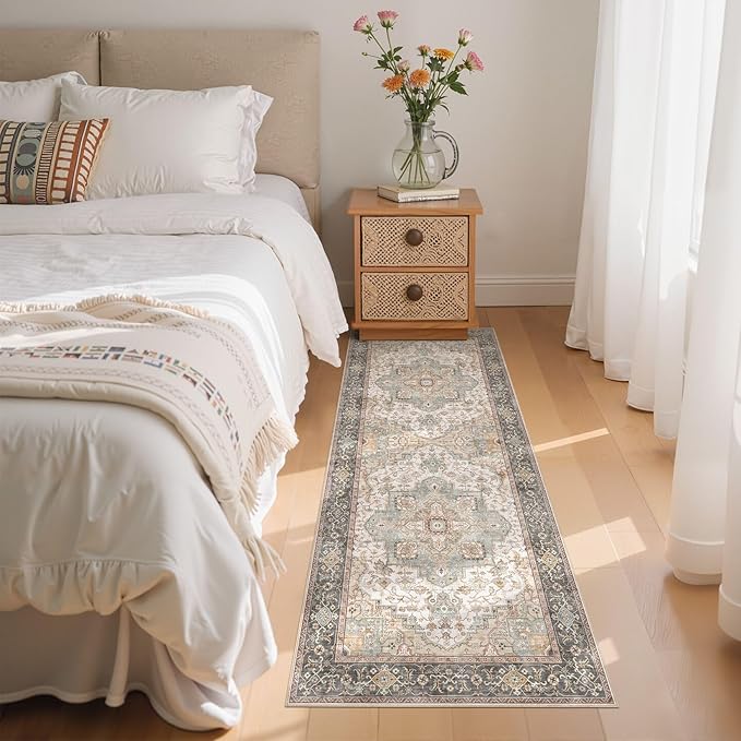 Washable 2x6 Runner Rug - Area Rugs Neutral Vintage Distressed Floral Farmhouse Boho Large Soft Floor Rug Indoor Carpet for Hallway Entryway Bedroom Kitchen - Forest Green Orange-Ruum Studio Home