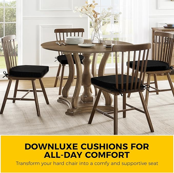 downluxe Indoor Chair Cushions for Dining Chairs, Soft and Comfortable Textured Foam Kitchen Chair Pads with Ties and Non-Slip Backing, 16" x 16" x 2", Black, 6 Pack-Ruum Studio Home