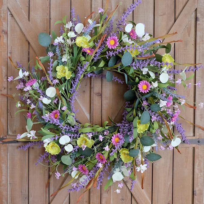 Idyllic 20 Inch Spring Summer Wild Flower Artificial Daisy Front Door Wreath, Everyday Greenery Eucalyptus Leaves for Indoor and Outdoor Use, Rustic Farmhouse Style Home Wreath Decor-Ruum Studio Home