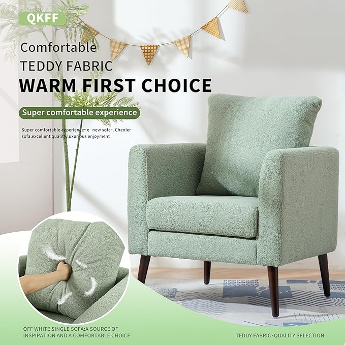 Barrel Accent Chair Set of 2 with Back Pillow, Large Teddy Upholstered Armchair with Solid Wood Legs Modern Reading Chairs for Living Room Bedroom-Ruum Studio Home