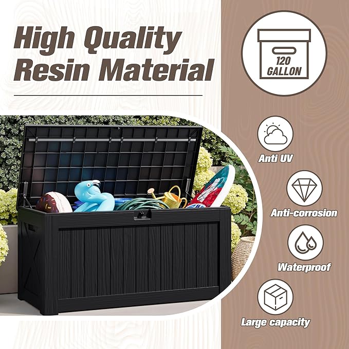 JUMMICO 120 Gallon Resin Deck Box, Large Outdoor Storage Box Waterproof & Lockable for Garden, Patio, Pools (Black)-Ruum Studio Home