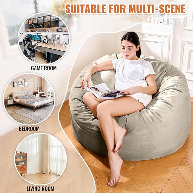 4FT Bean Bag Chair: Bean Bag with Velvet Cover, Fluffy and Comfy Bean Bag Chairs for Adults and Kids, Bean Bag Sofa Filled with High-Density Sponge for Gaming (Light Grey)-Ruum Studio Home