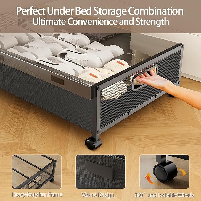 Under Bed Storage Containers with Wheels, 2 Pack Underbed Shoe Storage Organizer with Removable Lids, Large Rolling Under Bed Storage Dresser Drawers for Clothes Toys Shoes Blankets-Ruum Studio Home
