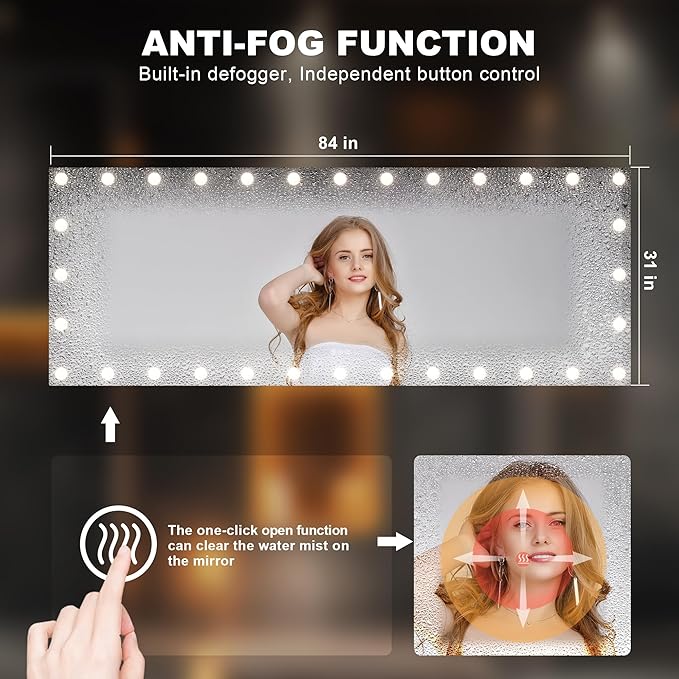 Hasipu LED Bathroom Mirror with Lights, 84" x 31" Hollywood Wall-Mounted Bathroom Mirror with 32 Dimmable Bulbs, 3 Colors Modes, Touch Control, Anti-Fog, Memory Function, Shatter-Proof, ETL Listed-Ruum Studio Home