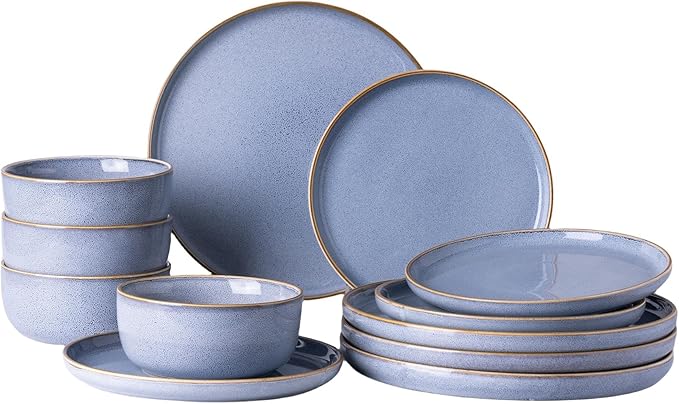 GBHOME Ceramic Dinnerware Sets for 4, 12 Pieces Stoneware Plates and Bowls Sets, Scratch Resistant Dishe Set for Dinner, Dishwasher & Microwave Safe, Brunnera Blue-Ruum Studio Home