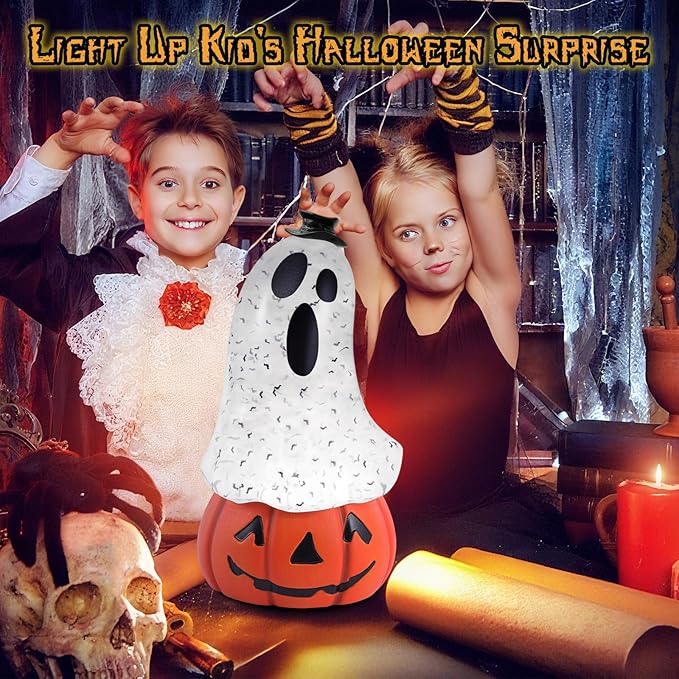 Halloween Snow Globe Lantern Spooky Glost and Pumpkin Halloween Snow Globes Musical Water Glitter Globe with 6H Timer Battery Operated or USB Powered for Spooky Home Decorations (Ghost and Pumpkin)-Ruum Studio Home