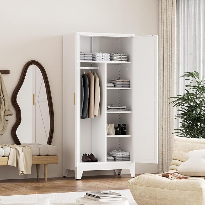 71'' Farmhouse Metal Wardrobe Cabinet with Hanging Rod, 2 Barn Door Wardrobe Closet with 5 Adjustable Shelves,Drawer,for Dining Room,Bedroom,Living Room, Cloak Room,Office (White)-Ruum Studio Home