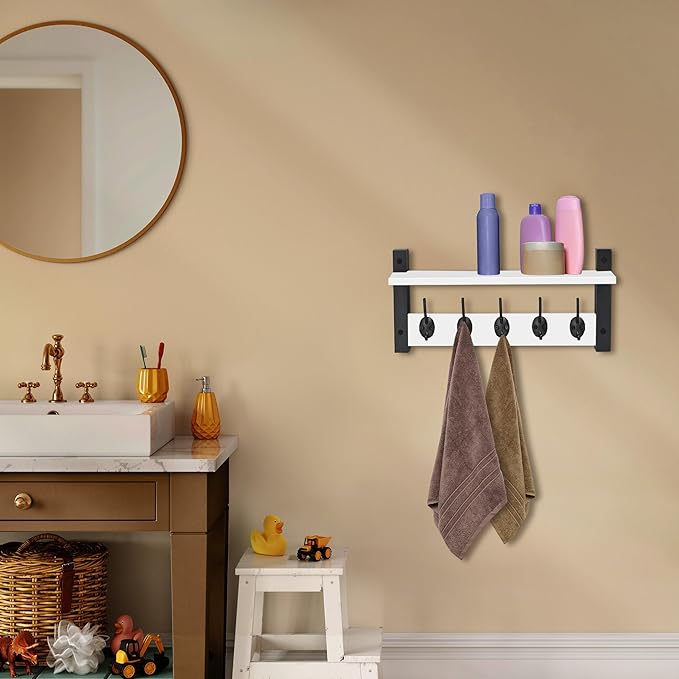 Sorbus Coat Hooks Wall Mount with Shelf – 16 Inch Coat Rack Wall Mount with 5 Heavy Duty Hooks – Floating Wall Shelf with Hooks for Entryway, Bathroom, Bedroom, Kitchen, or Mudroom (White)-Ruum Studio Home