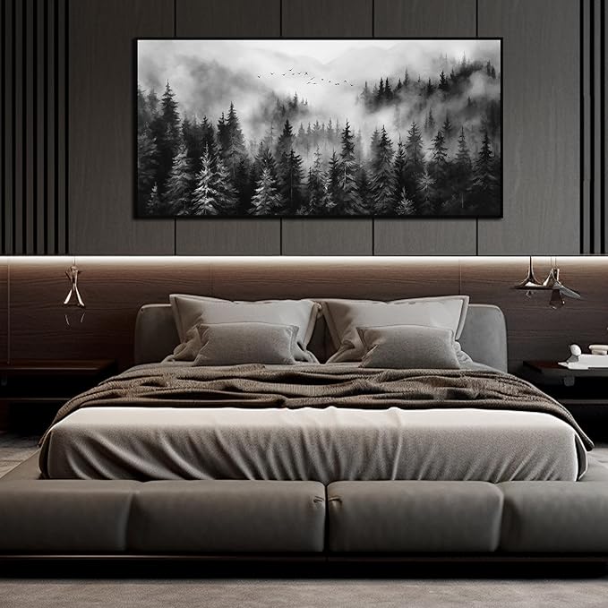 Foggy Forest Wall Art for Living Room Black and White Pictures for Wall Home Office Wall Decor with Black Frame 29 x 58 Inch-Ruum Studio Home
