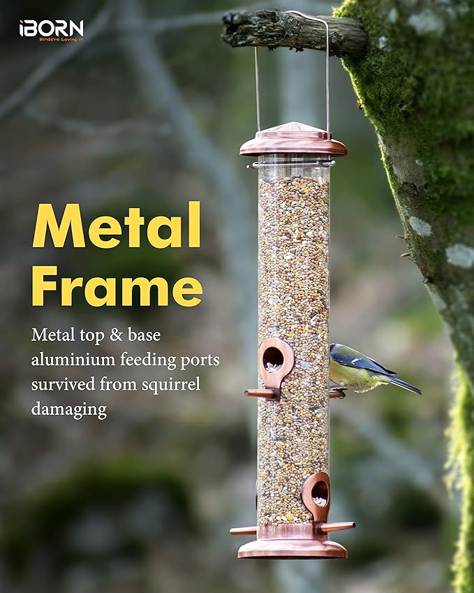 iBorn Metal Bird Feeders Metal Bird Feeder Copper for Outdoors Hanging All Metal Copper Finishing 14 Inch 4Port(Seed is not Included)-Ruum Studio Home