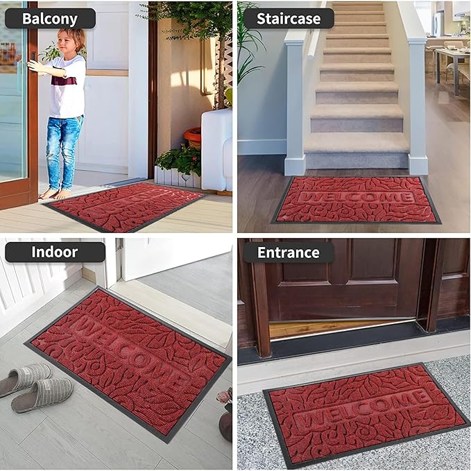 Yimobra Welcome Mat Outdoor Indoor, 29.5x17 Waterproof Door Mat Outside Entrance, All-Weather Non Slip Doormat, Low-Profile Front Door Mat, Porch and Patio Entryway Mat, Wine Red-Ruum Studio Home