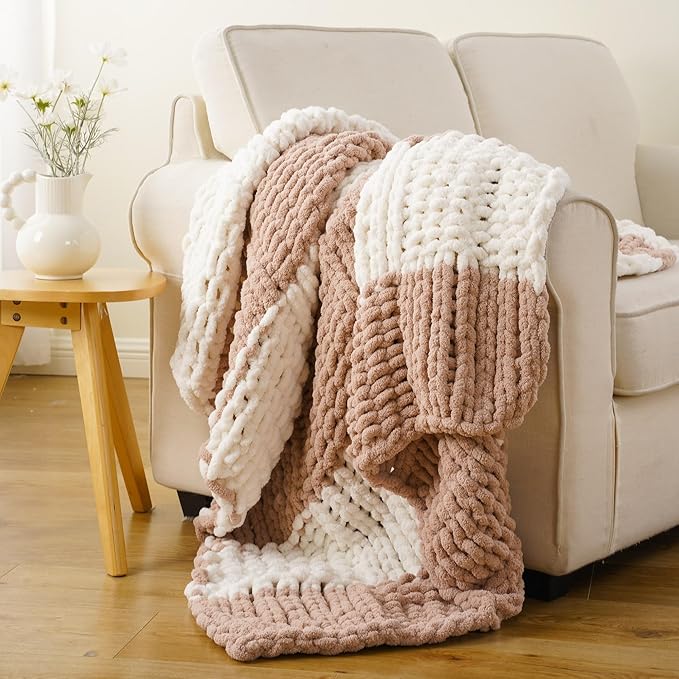 Battilo Chunky Knit Throw Blanket, Soft and Thick Chenille Throw Blanket, 50"x60" Handmade Cable Knit Crochet Blanket, Large Rope Knot Throw Blankets for Couch Sofa Bed Home Decor, Blush & White-Ruum Studio Home