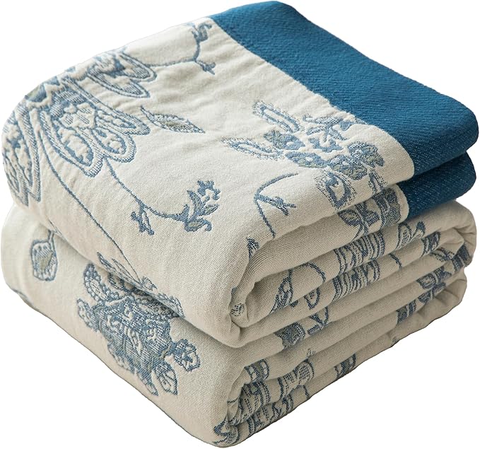Boho Throw Blanket Full Size, Extra Large Soft Cozy Cotton Muslin Quilt Blanket for Bed Decor, Floral Patterned Couch Sofa Chair Cover, Vintage Farmhouse Cottage Woven Blanket, Blue&White-Ruum Studio Home