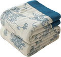 Boho Throw Blanket Twin Size, Soft Cozy Cotton Muslin Quilt Blanket for Bed Decor, Floral Patterned Couch Sofa Chair Cover, Vintage Farmhouse Cottage Tapestry Woven Blanket, Blue and White-Ruum Studio Home