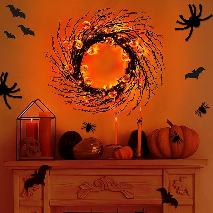 7 Ft 63 LED Halloween Decorations Willow Vine Twig Garland with 8 Modes Timer 21 Pumpkin Orange Lights, Halloween Garland with Waterproof Battery Operated for Indoor Wall Fireplace Decorations-Ruum Studio Home