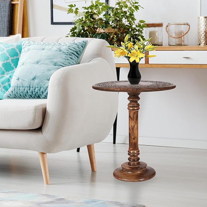 Lightnpro Hand Carved Solid Mango Wood Round Pillar Accent Table - 18" × 22" Rustic Farmhouse Side End Table | VintageRustic Boho Nightstand for Living Room, Bedroom & Entryway-Ruum Studio Home