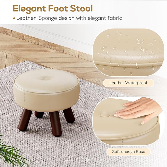 Small Foot Stool 13in, Round Faux Leaher Ottoman Foot Rest for Living Room, Under Desk Footstool Foot Rest with Non-Skid Rubber Legs for Bedroom, Entryway, 13''L x 13''W x 10.2''H, White-Ruum Studio Home