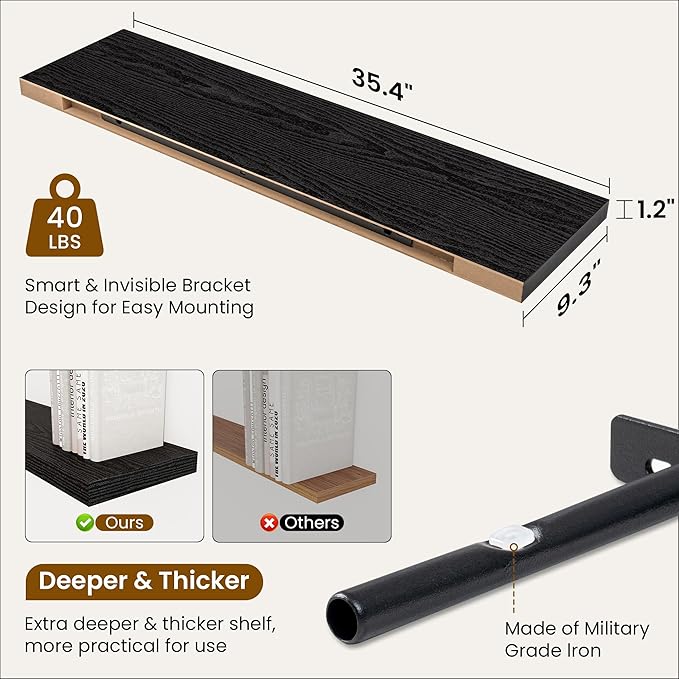 36 Inch Floating Shelves, 9.3 Inch Deep Rustic Wall Shelves - Extra Deeper Wall Mounted Storage Shelves for Bathroom, Kitchen, Living Room (Black, Set of 2)-Ruum Studio Home