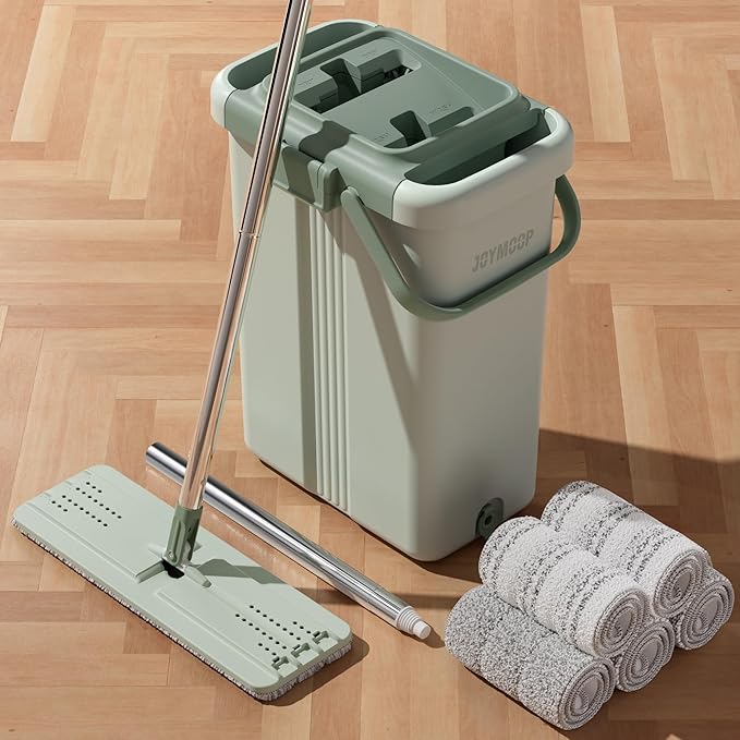 JOYMOOP Mop and Bucket Set - Mops for Floor Cleaning & Wall Cleaner with Long Handle, Include 5 Microfiber Mop Pads - Green Bucket (X-Large)-Ruum Studio Home