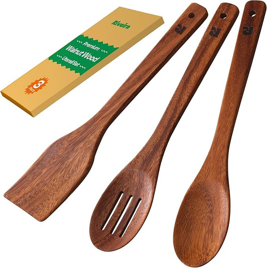 Riveira Walnut Wooden Spoons for Cooking Set of 3 – Natural Walnut Wooden Cooking Utensils, Spatula, Spoon - Premium Quality Utensil Set for Non-Toxic Cooking-Ruum Studio Home