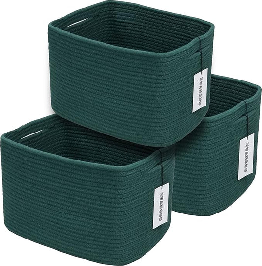 Cotton Rope storage Basket Bins14.5X9.5X9.3“ Basket for Organizing Shelves Rectangle Decorative Baskets For storage Clothes Toys Books Towels Square Wicker Nursery basket organizer 3 pack Dark green-Ruum Studio Home