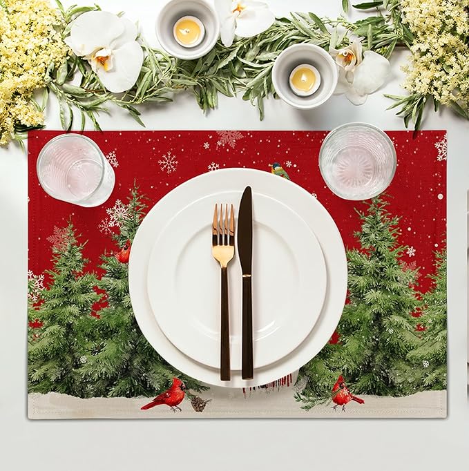 Snowman Christmas Red Placemats Set of 4 Xmas Tree Cardinal Snowflakes Linen Table Mats Seasonal Winter Holiday Place Mats Washable Placemat for Party Kitchen Dining Outdoor Indoor Decor-Ruum Studio Home