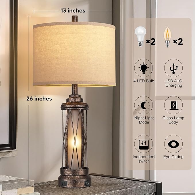 Qimh Farmhouse Table Lamps for Living Room, Rustic Nightstand Lamp for Bedroom with USB A+C Charging Ports, Frosted Glass Bedside Lamp with Night Light for Entryway End Table, 4 Bulbs Included, Bronze-Ruum Studio Home