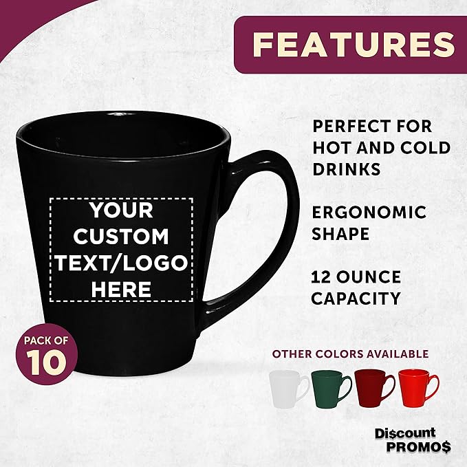 DISCOUNT PROMOS Custom Glossy Ceramic Latte Coffee Mug 12 oz. Set of 10, Personalized Bulk Pack - Perfect for Tea, Espresso, Cappuccino, Hot Cocoa - Black-Ruum Studio Home