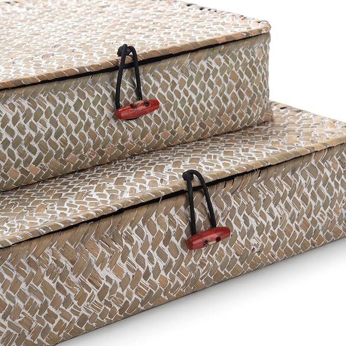 Whitewash Seagrass Basket with Lid Rectangular Decorative Storage Boxes for Shelf Organize Snack Toys Set of 2 (Large+Small)-Ruum Studio Home