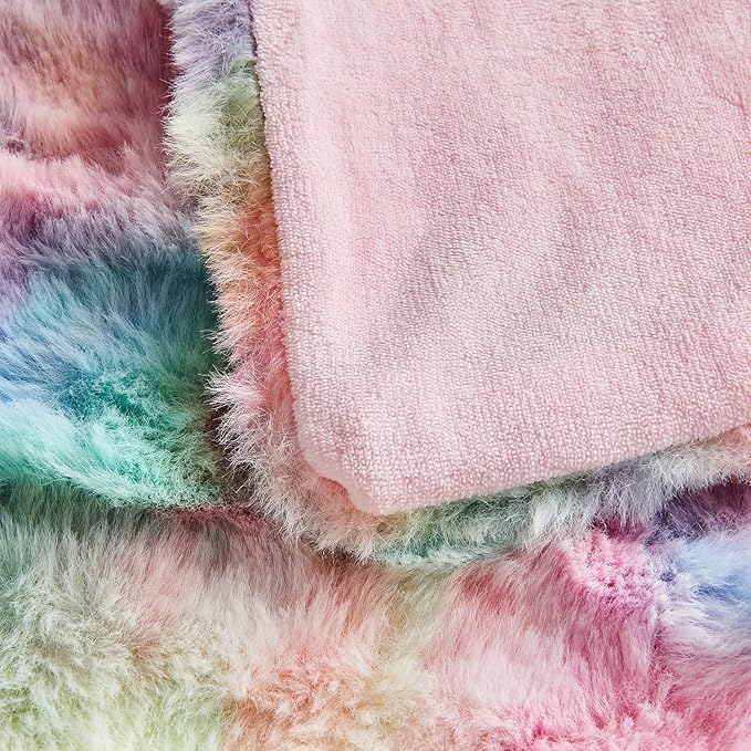 Lotus Karen King Size Faux Fur Blanket Rainbow - Big Bubble Rabbit Fluff Blanket for Bed, Large Fluffy Fuzzy Cozy Blanket, Thick Furry Plush Shaggy Blankets, 108x90 Inches-Ruum Studio Home