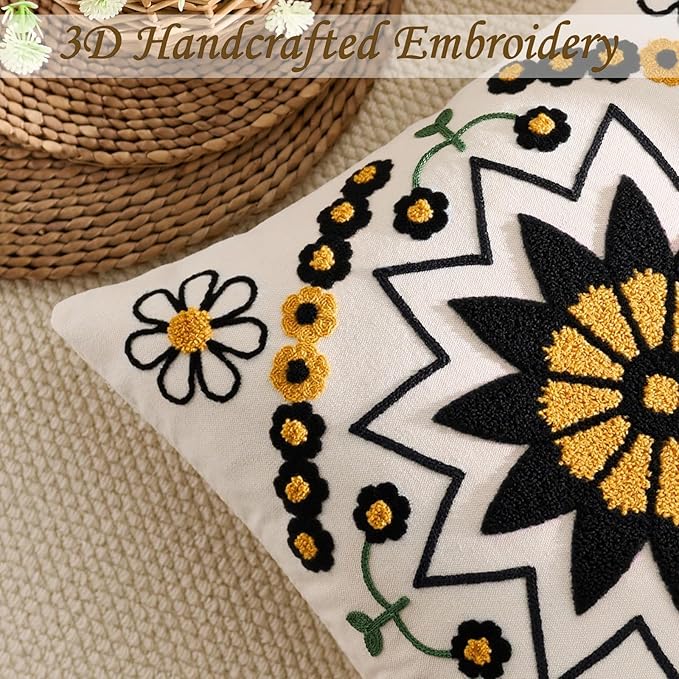 Embroidered Throw Pillow Cover 18x18 Classic Boho Floral Pattern Pillows Cover Outdoor Decorative Pillowcase,Durable Cozy Textured Cushion Case for Sofa Couch Bed Living Room,Black Orange-Ruum Studio Home