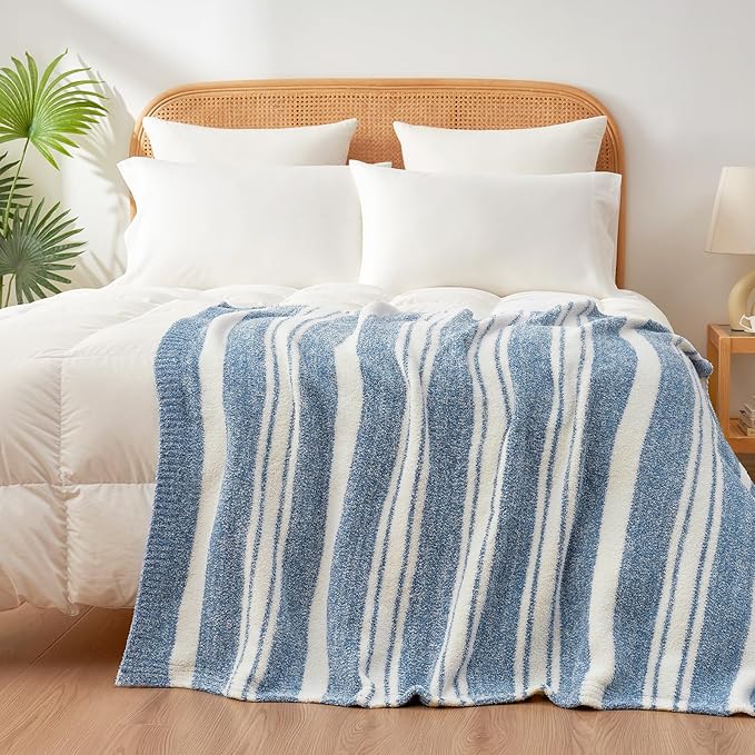 Snuggle Sac Knitted Throw Blanket for Couch, Reversible Super Soft Microfiber Blankets Warm Cozy Knit Fuzzy Plush Lightweight Throws for Sofa, Bed, Camping, Picnic, Stripe Blue, 50 x 60 inches-Ruum Studio Home
