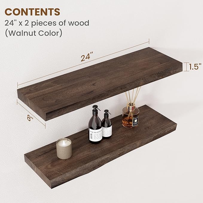 Floating Shelves for Wall Decor, Rustic Solid Elm Wood Live Edge Floating Shelves Wall Mounted, Wall Shelves with Invisible Bracket for Living Room Bathroom Bedroom Kitchen, 24 Inch Set of 2, Walnut-Ruum Studio Home