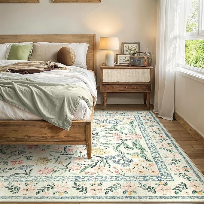 Wonnitar Large Living Room Rug, Floral 10 x 14 Machine Washable Area Rugs, Soft Boho Ultra-Thin Non-Shedding Indoor Aesthetic Carpet for Bedroom Dining Room Office-Ruum Studio Home