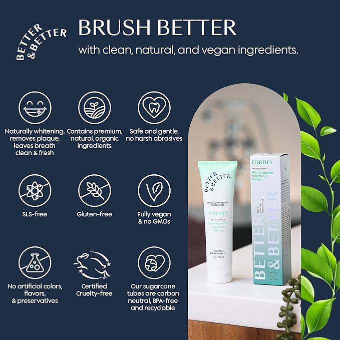 Better & Better Fortify Hydroxyapatite Toothpaste | Infused w/VIT. D & Calcium | Fluoride & SLS Free for Sensitive Brushers | Natural & Vegan Whitening Toothpaste | Fresh Mint Flavor | 3.4oz, 3 Pack-Ruum Studio Home