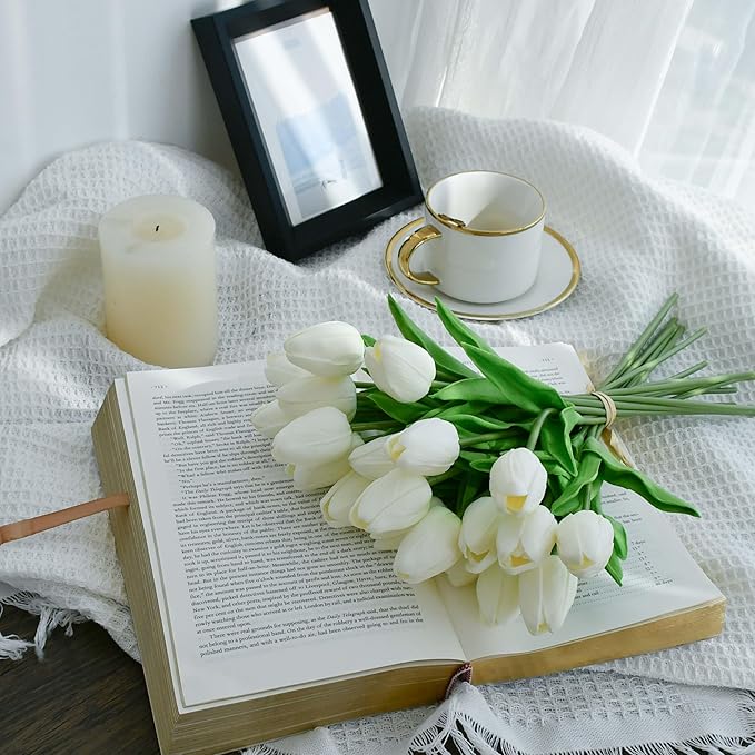 Mandy's Artificial Tulips 20 Stems White PU Faux Flowers for Wedding Home Decor 13.5 Inch-Ruum Studio Home