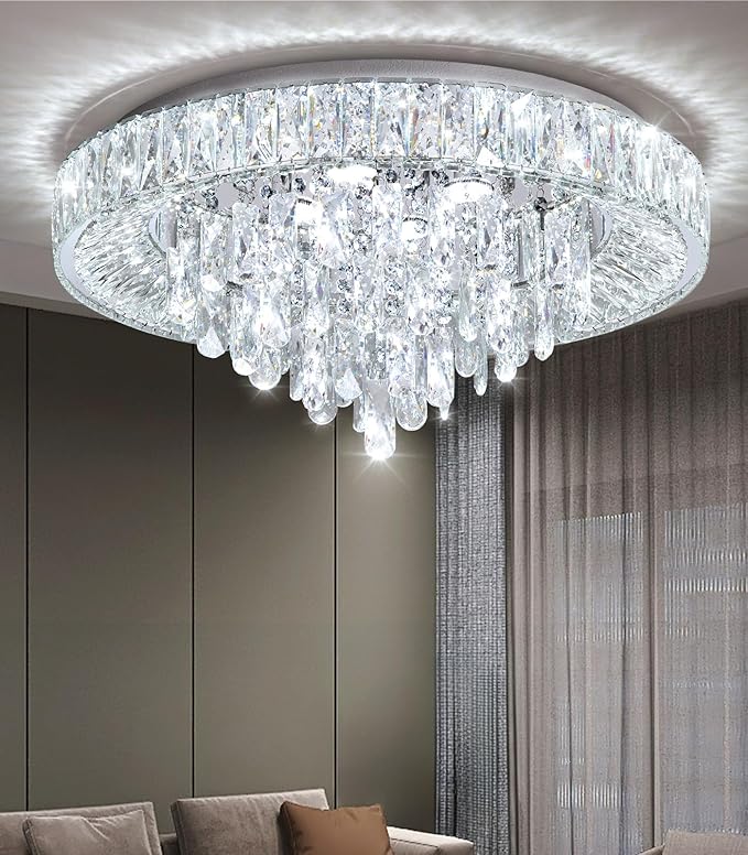 23.6'' Modern Crystal Chandeliers LED Dimmable Flush Mount Ceiling Chandeliers for Living Room Entrance Foyer Bedroom Silver-Ruum Studio Home