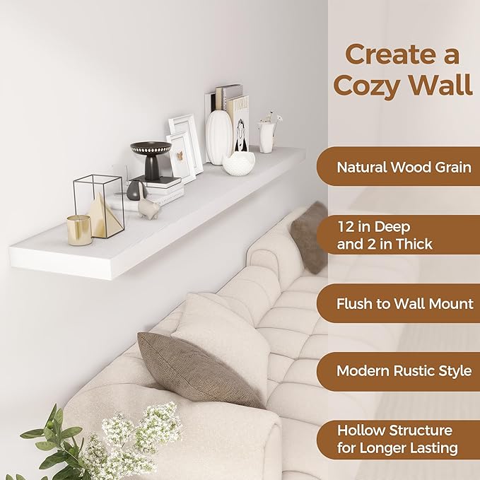 Fun Memories 72 Inch Floating Shelf, 12 Inch Deep Wall Shelf for Fireplace Mantel, Deep Storage Shelves for Home & Office, Wall Shelves with Invisible Bracket, White, Set of 1-Ruum Studio Home